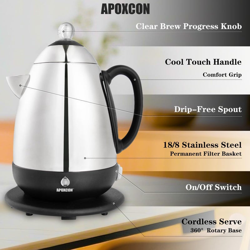 APOXCON Electric Coffee Percolator Stainless Steel Coffee Maker with Clear Brew Progress Knob and No-Drip Spout Auto Keep Warm & Cordless Serving Coffee pot with On/OFF Switch Fast Brew (10 Cup) - Image 4